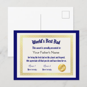 Postal Certificado del Mejor Papá del Mundo Divertido Mod
