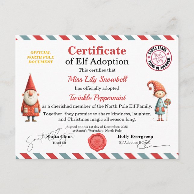 Postal Certificado Oficial de Adopción de Duende del Polo (Anverso)