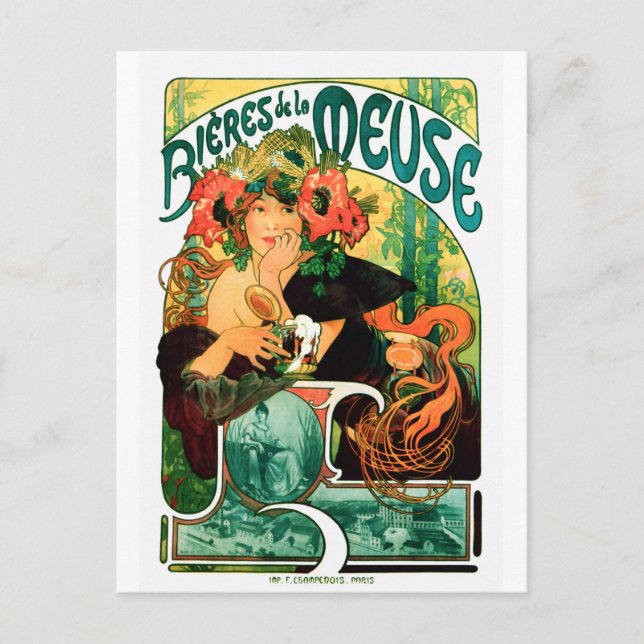 Postal Cerveza del Bella Artes de Meuse Alphonse Mucha (Anverso)