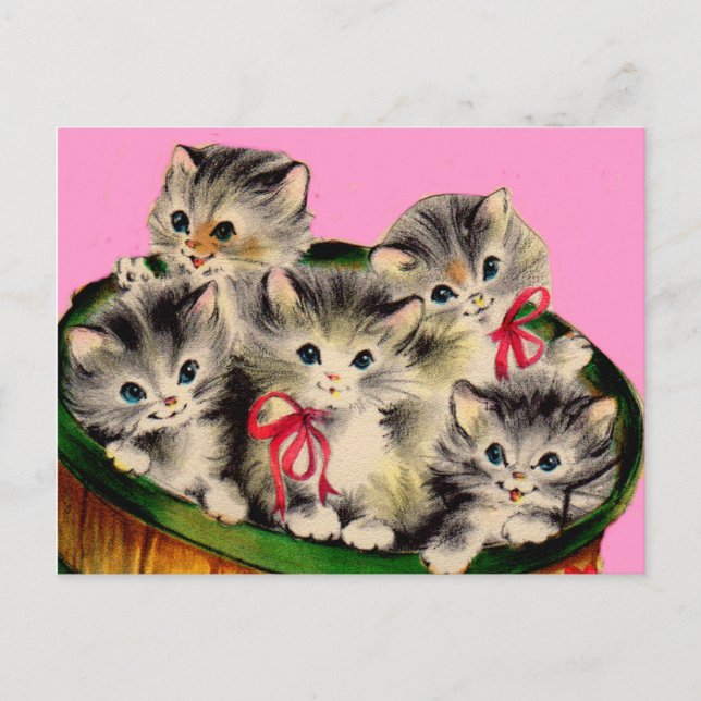 Postal Cesta adorable de gatitos de los años 50 (Anverso)