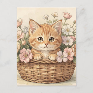 Postal Cesta de flores con adorable gatito ginger