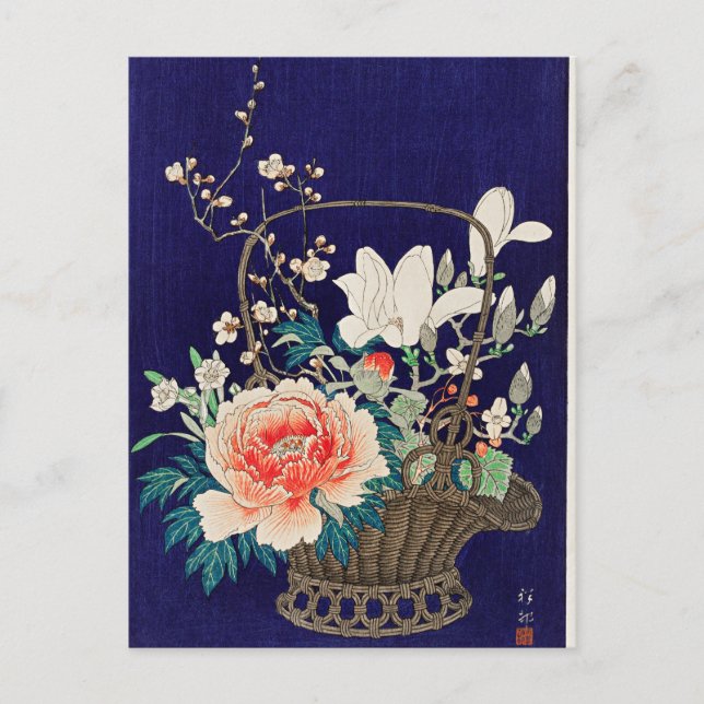 Postal Cesta de flores de bambú por Ohara Koson (Anverso)