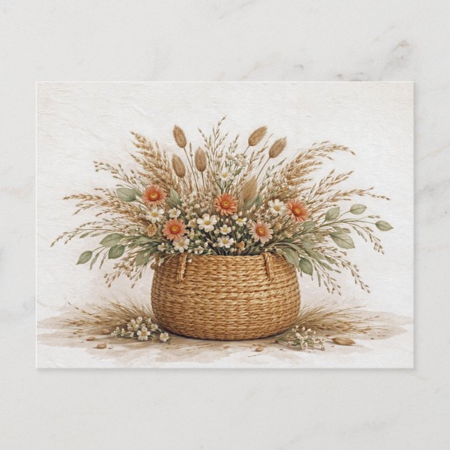 Postal Cesta de flores silvestres boho secas acuarela bot (Anverso)