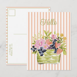 Postal Cesta de frutas y flores en acuarela sobre rayas
