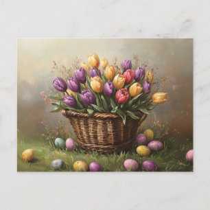 Postal Cesta de Pascua con tulipanes y huevos