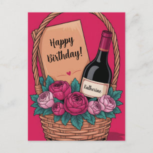 Postal Cesta de regalo con vino, rosas y nombre personali