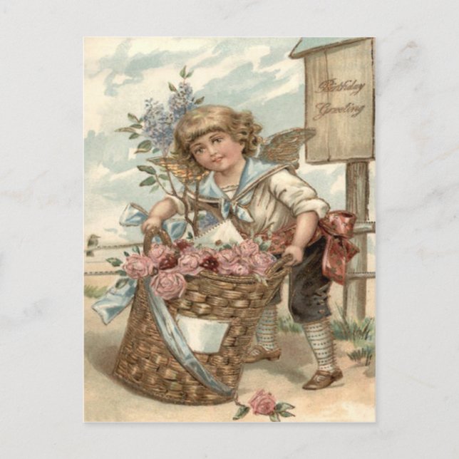 Postal Cesta de Rosas Angel Cherub (Anverso)