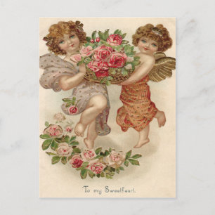 Postal Cesta de rosas de ángel querubín Cupido