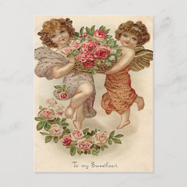 Postal Cesta de rosas de ángel querubín Cupido (Anverso)