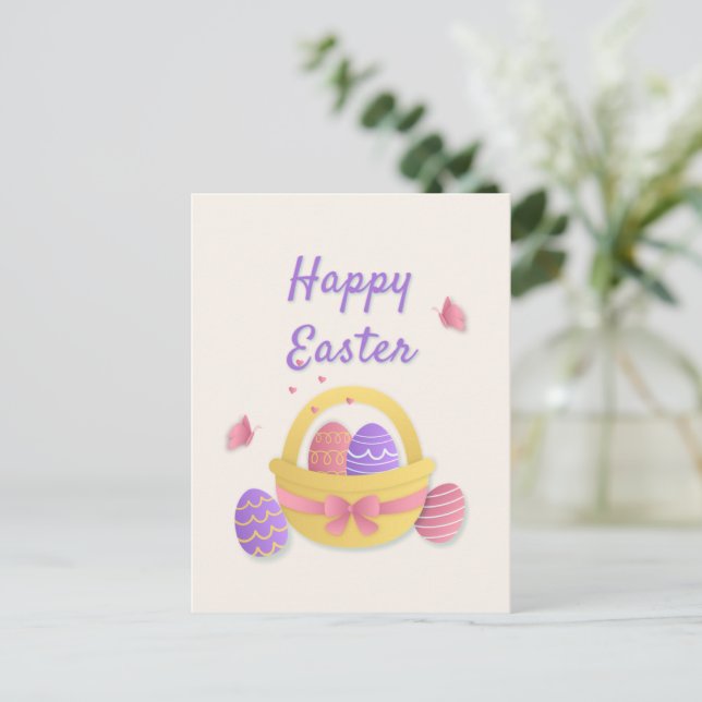 Postal Cesta feliz de Pascua y mariposas (Anverso de pie)