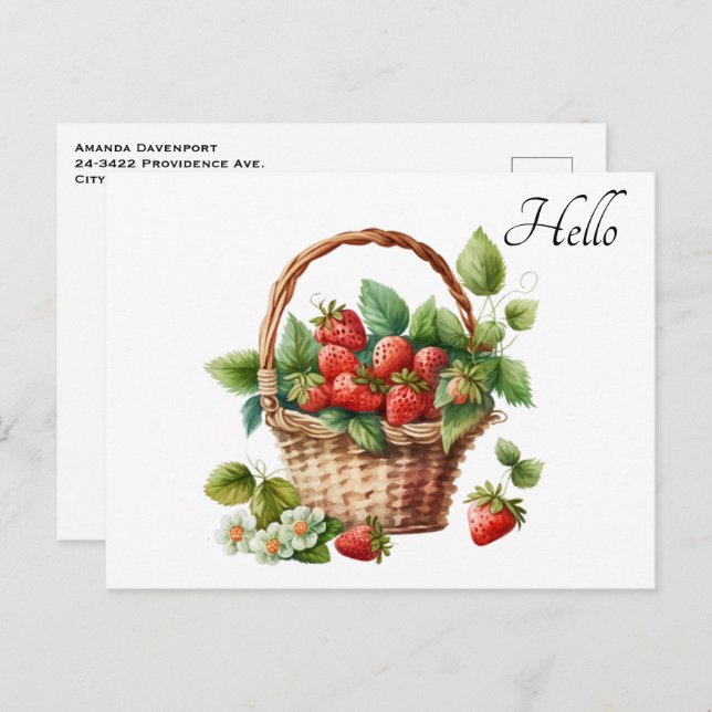 Postal Cesta linda llena de fresas Hola (Anverso / Reverso)