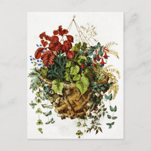 Postal Cesta rústica de ramas con flores y plantas