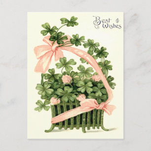 Postal Cesto de lazo rosa trébol de cuatro hojas