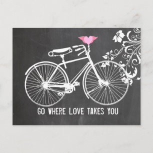 Postal Chalkboard Amor a la bicicleta rosa de corazón