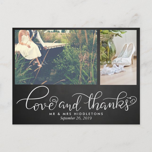 Postal Chalkboard Boda Amor Y Gracias | Dos fotos (Anverso)