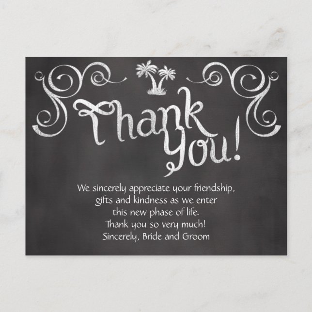 Postal Chalkboard Palm Tree Beach Wedding Gracias (Anverso)