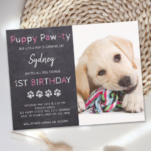 Postal Chalkboard Puppy Pawty Pink Dog Birday Party
