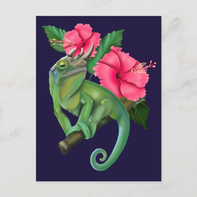 Postal Chameleon de Jackson con Hibiscus (Anverso)