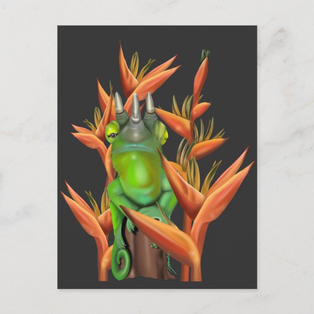 Postal Chameleon de Jackson entre las aves del paraíso (Anverso)