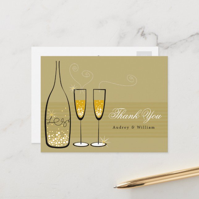 Postal Champagne de oro Bubbly Elegant Wedding Gracias (Anverso/Reverso In Situ)