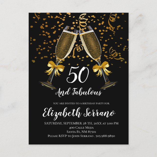 Postal Champagne y Confetti Black Gold 50 cumpleaños (Anverso)