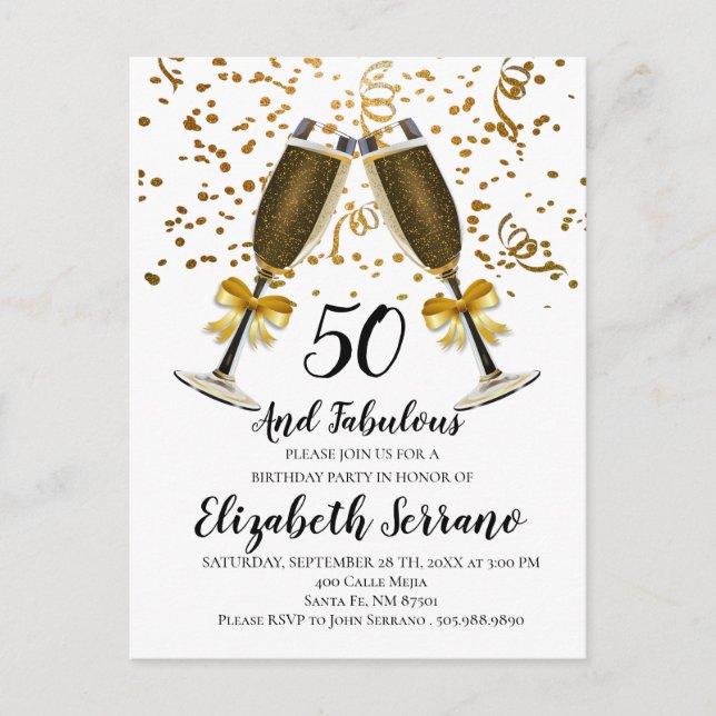 Postal Champagne Y Confetti Gold 50 cumpleaños (Anverso)