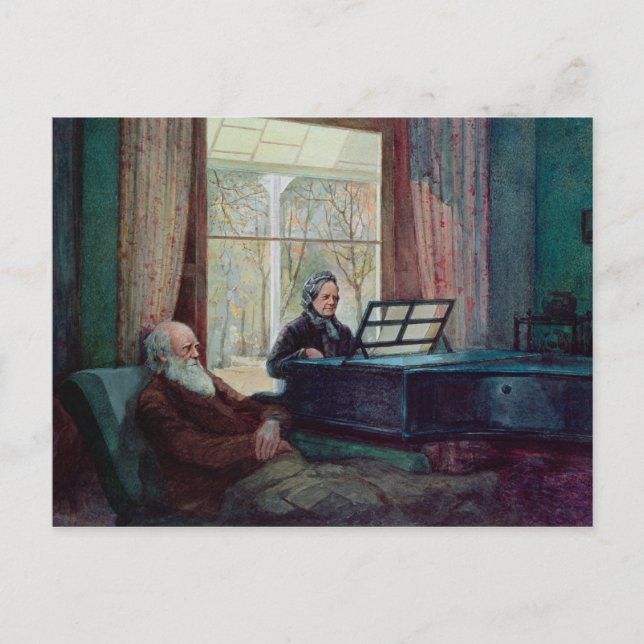 Postal Charles Darwin y su esposa en el Piano (Anverso)