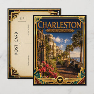 Postal Charleston Carolina del Sur Arte Deco Dorado Vinta