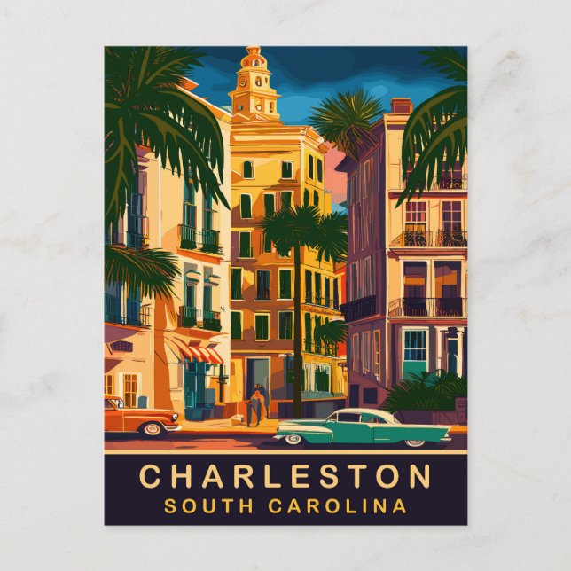 Postal Charleston Downtown, SC, Viajes Vintage (Anverso)