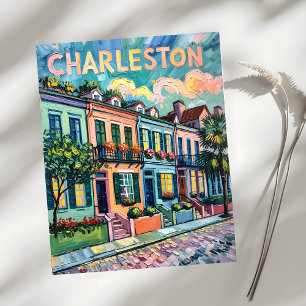 Postal Charleston Rainbow Row Colorful Van Gogh Travel