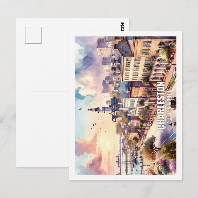 Postal Charleston South Carolina Famous Place acuarela (Anverso / Reverso)