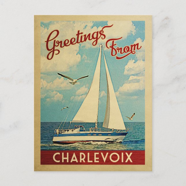 Postal Charlevoix Sailboat Vintage Travel Michigan (Anverso)