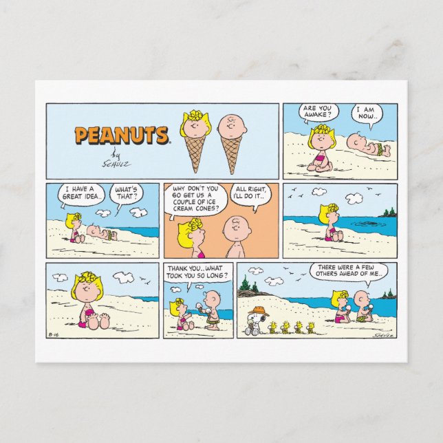 Postal Charlie Brown Y Helados De Sally En La Playa (Anverso)