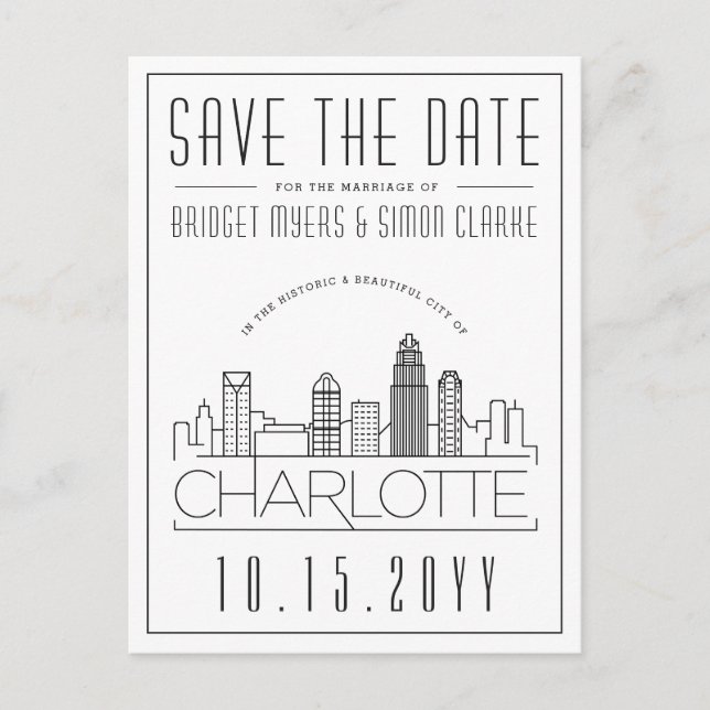Postal Charlotte Boda | Estilizado Skyline Guardar la fec (Anverso)