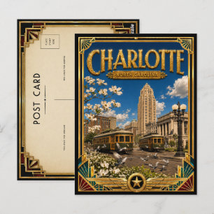 Postal Charlotte Carolina del Norte Arte Deco Dorado Vint
