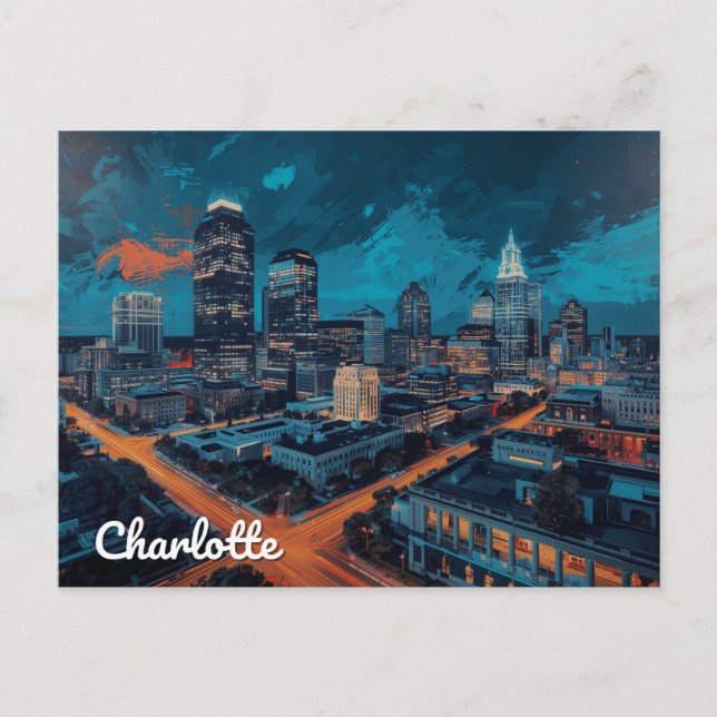Postal Charlotte NC Uptown Night City Art (Anverso)
