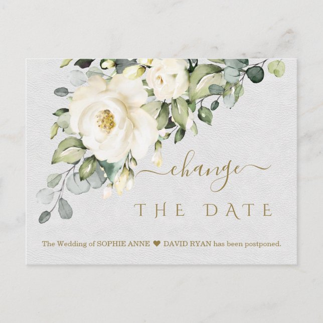 Postal Charm Boda Floral blanca cambiar la fecha (Anverso)