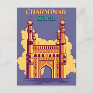 Postal Charminar vintage, India Travel acuarela retro