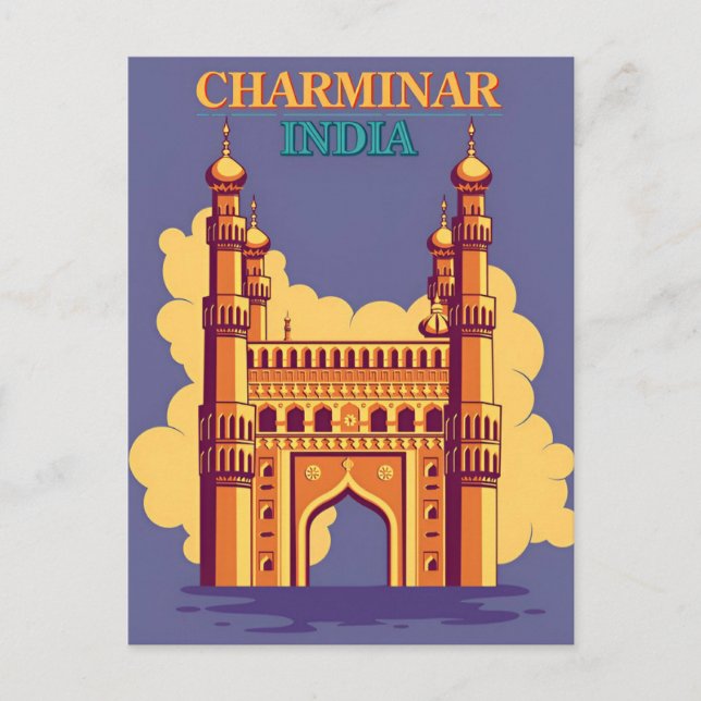 Postal Charminar vintage, India Travel acuarela retro (Anverso)