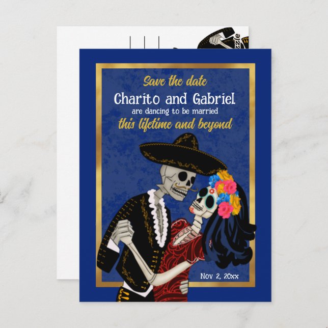 Postal Charro Catrina Sugar Skulls Blue Save the Date (Anverso / Reverso)