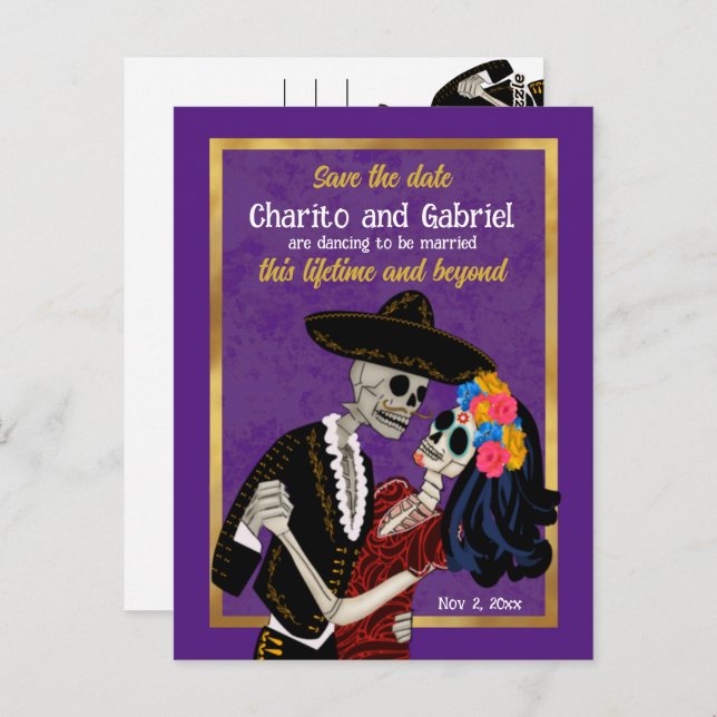 Postal Charro Catrina Sugar Skulls Purple Save the Date (Anverso / Reverso)