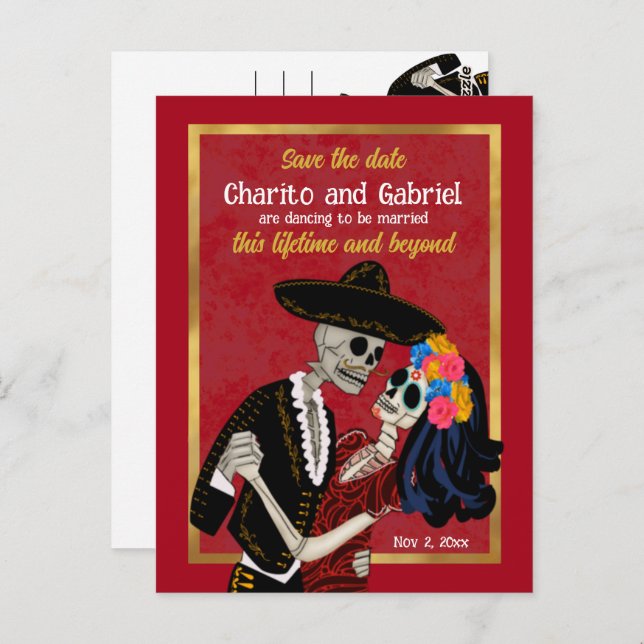 Postal Charro Catrina Sugar Skulls Red Save the Date (Anverso / Reverso)