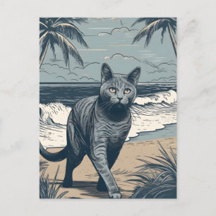 Postal Chartreux-Cat en una playa tropical al atardecer
