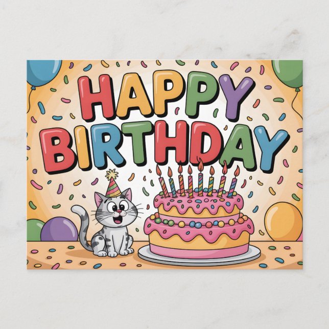 Postal Cheerful Cartoon Cat Happy Birthday Illustration (Anverso)