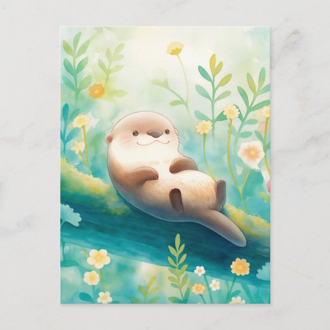 Postal Cheerful Otter on Mossy River Log (Anverso)