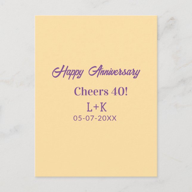 Postal Cheers 40 happy anniversary purple orange pastel n (Anverso)