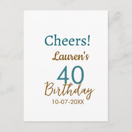 Postal Cheers 40th birthday name date brown turquoise sim