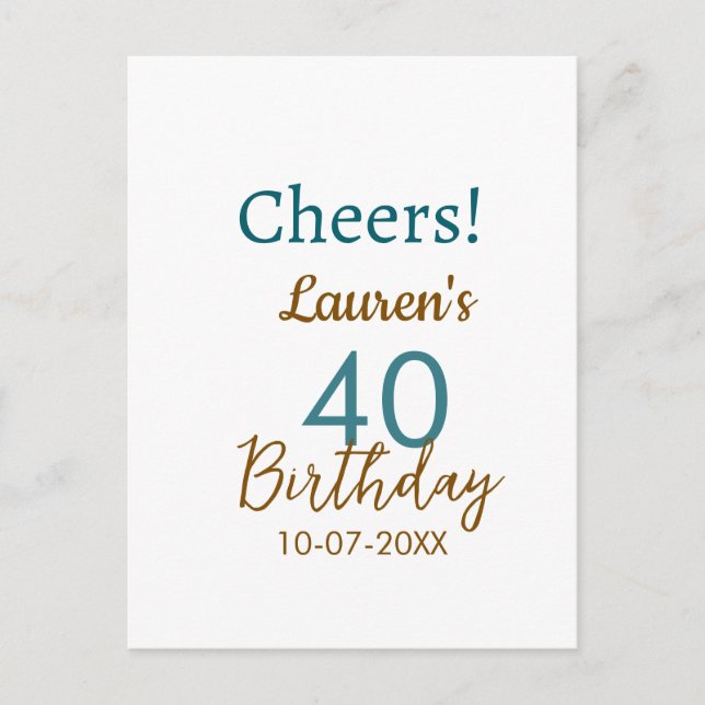 Postal Cheers 40th birthday name date brown turquoise sim (Anverso)