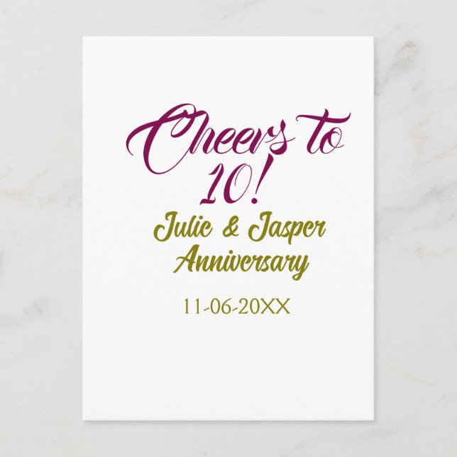 Postal Cheers to 10th wedding anniversary mauve golden na (Anverso)