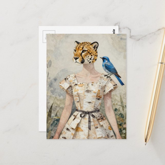 Postal Cheetah Woman in a Birch Bark Dress Fashion  (Anverso/Reverso In Situ)